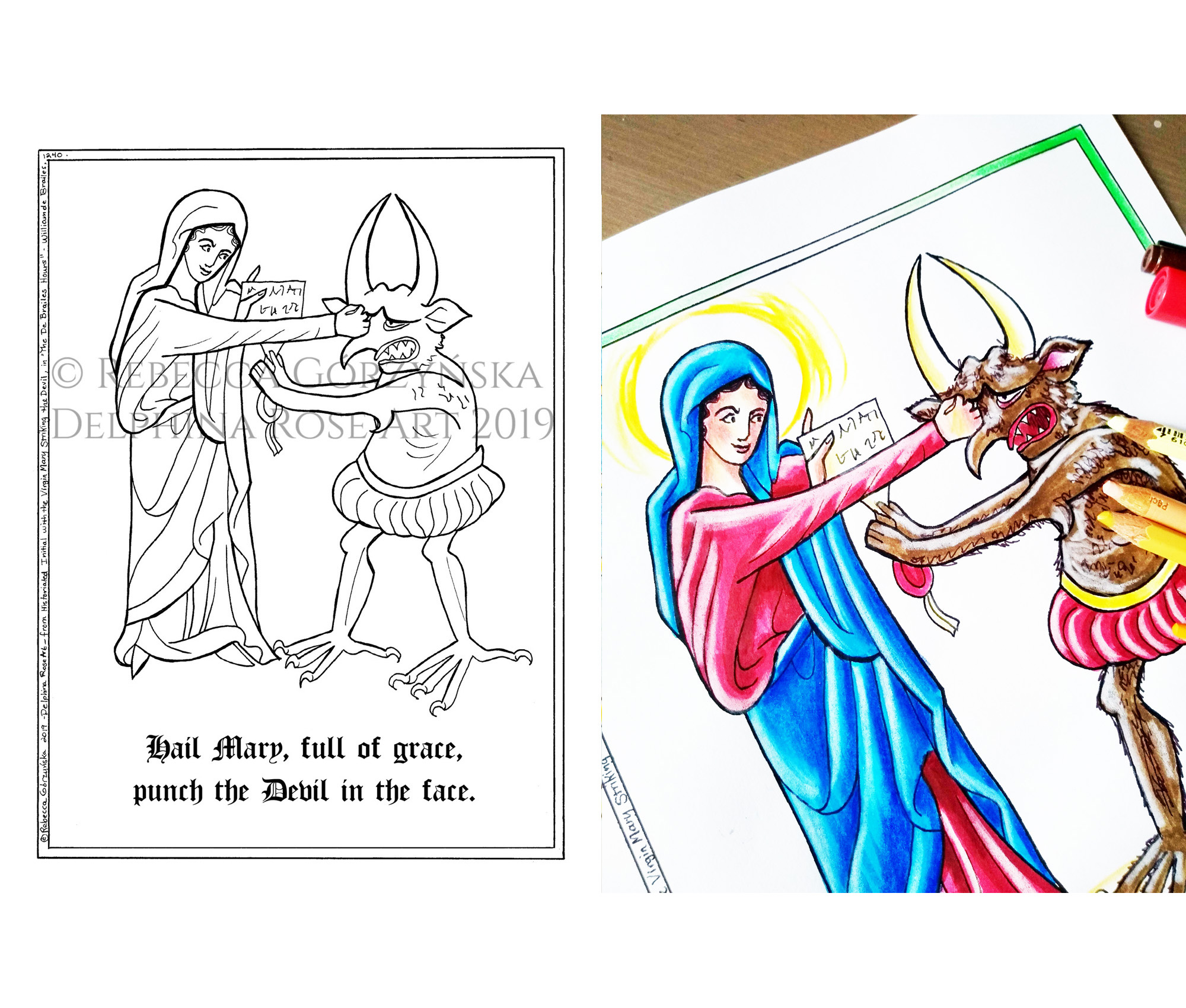 Mary punching Devil coloring page