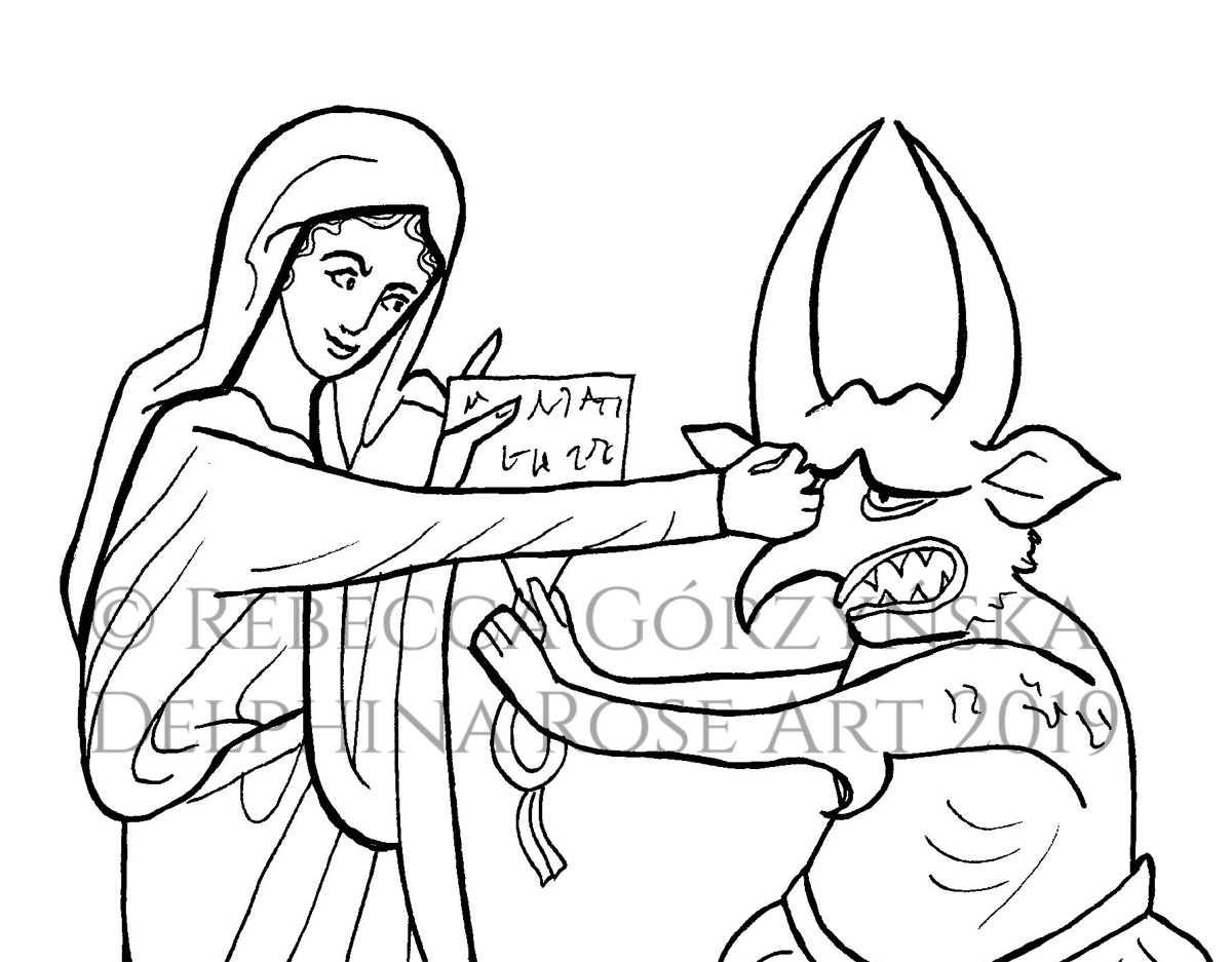 Mary punching Devil coloring page