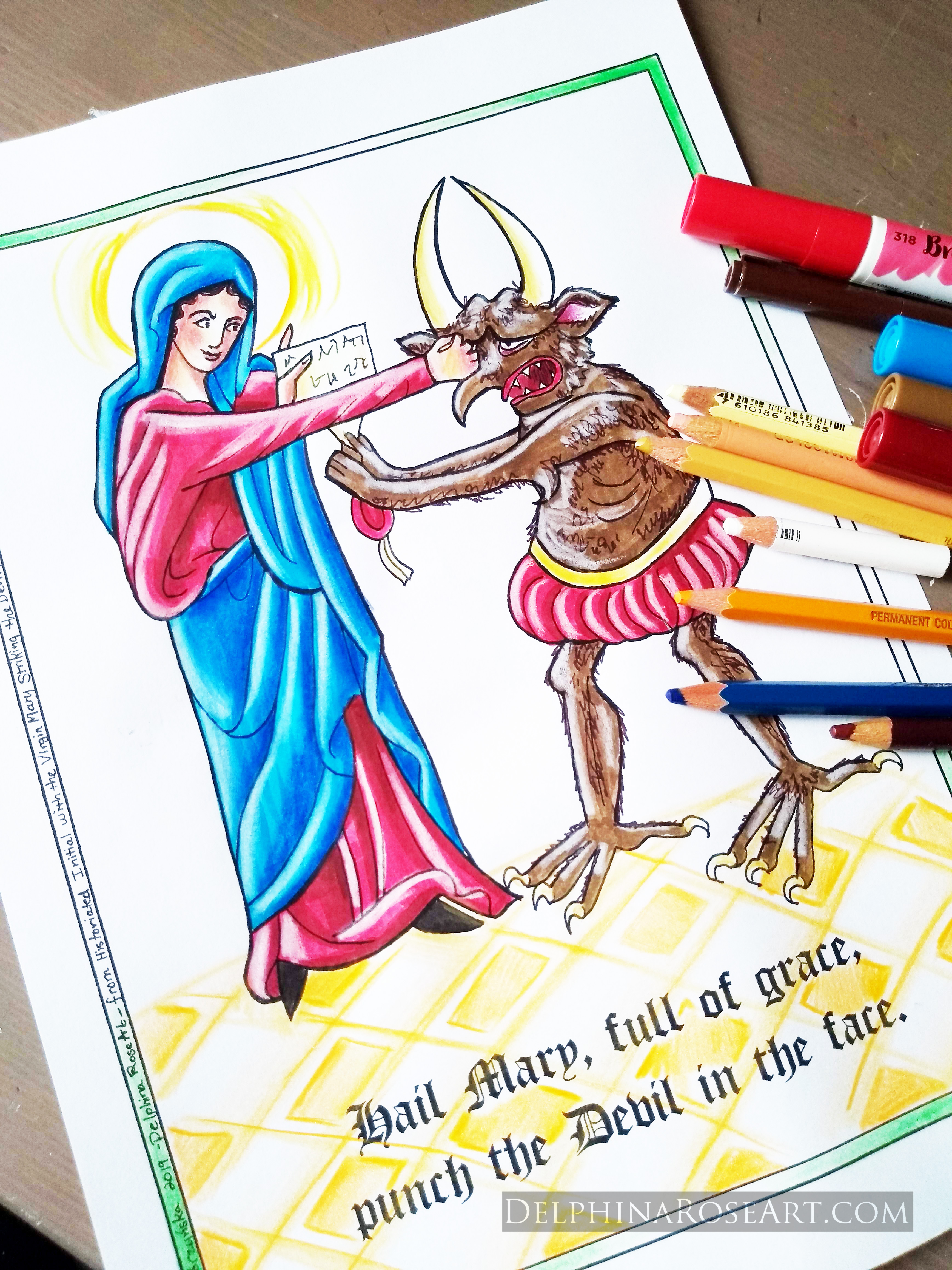 Mary punching Devil coloring page