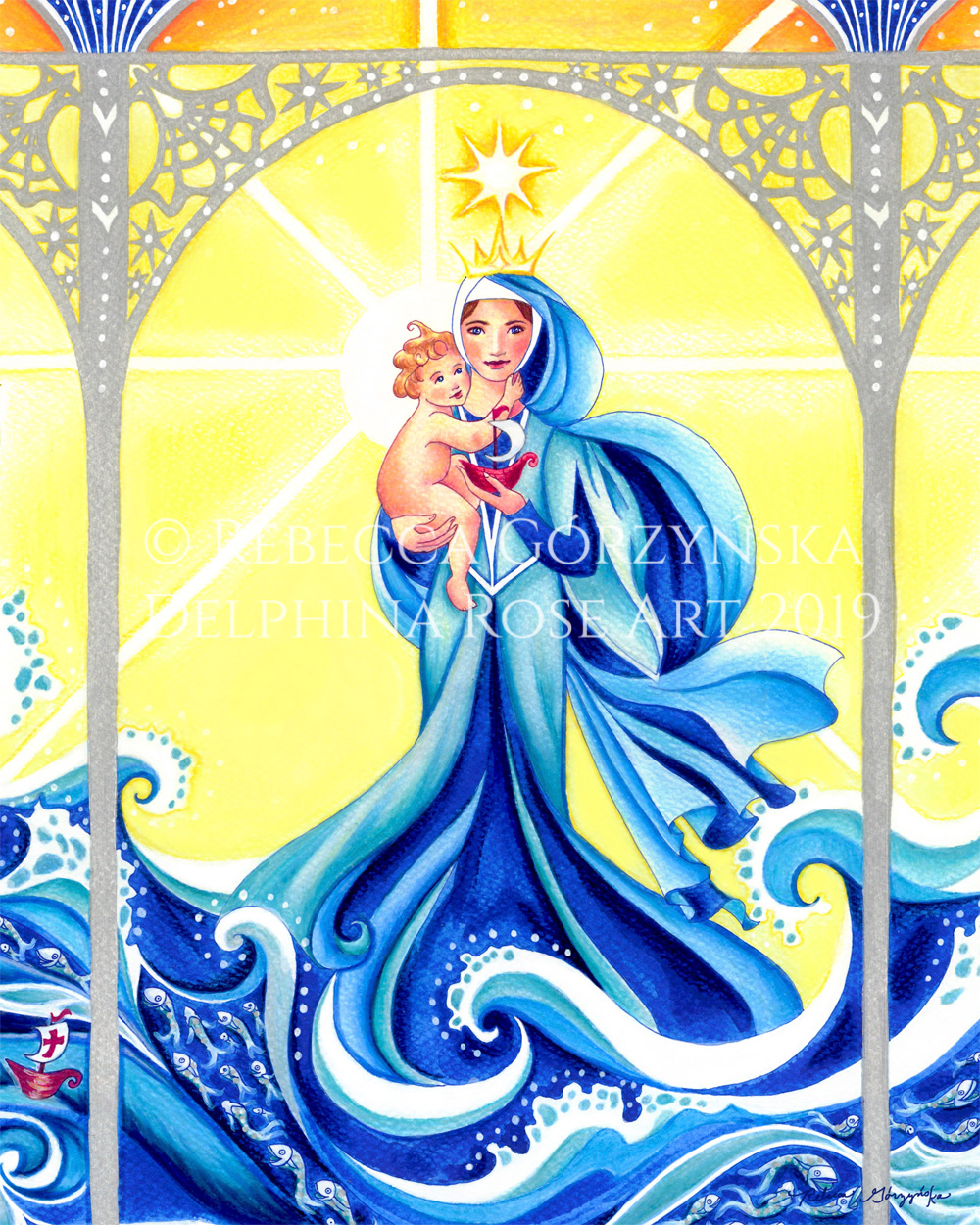 blue Madonna and Child, Stella Maris, Star of the Sea with blue waves against a yellow background. Text reads "Ave maris stella, Dei mater alma, atque semper virgo, felix caeli porta"