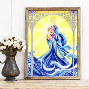 blue Madonna and Child, Stella Maris, Star of the Sea with blue waves against a yellow background. Text reads "Ave maris stella, Dei mater alma, atque semper virgo, felix caeli porta"