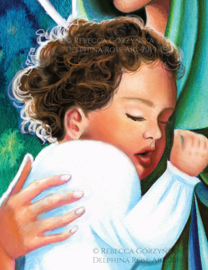 close up of sleeping baby Jesus with curly hair
