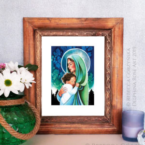 Mary wearing green veil holding sleeping toddler baby Jesus in front of a green-blue watercolor sky and black pine trees in brown wooden frame with vase of flowers