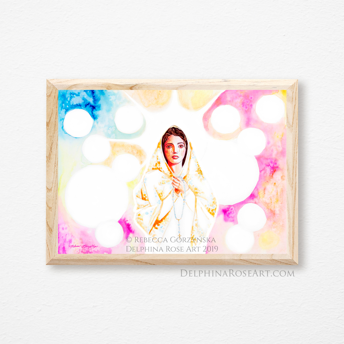 Our Lady of Fatima holding rosary in front of 13 suns and rainbow watercolor sky
