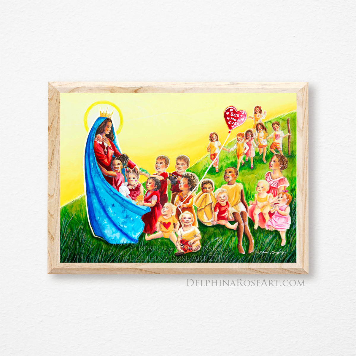 Mother of All Children illustration by Rebecca Gorzynska - Mary in blue cloak with many children and red heart balloon