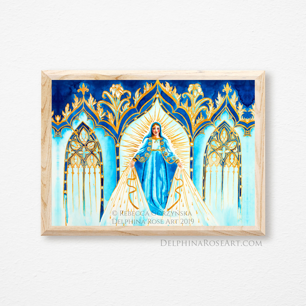 blue Our Lady of Grace with gold decorative border