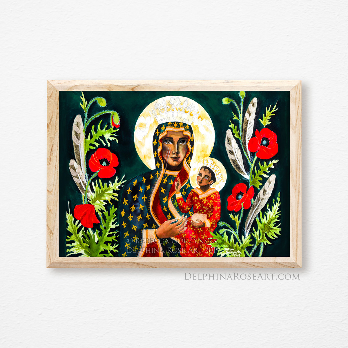 our lady of czestochowa painting by rebecca gorzynska - with red poppies and feather border