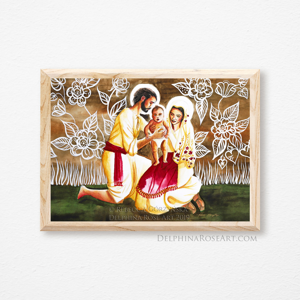 watercolor painting of the Holy Family - Mary and Joseph and baby Jesus