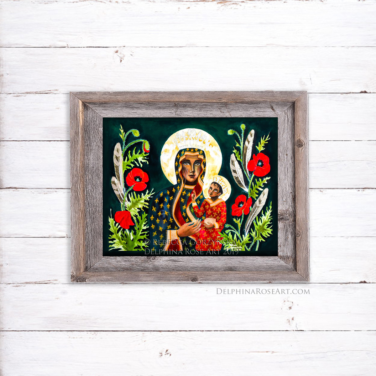 our lady of czestochowa painting by rebecca gorzynska - with red poppies and feather border