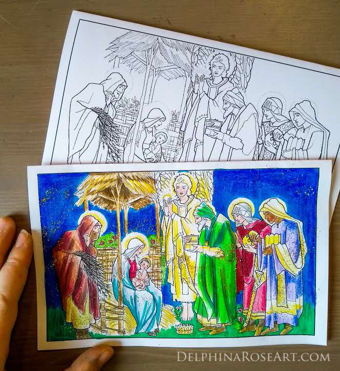 christmas coloring card - Adoration of the Magi