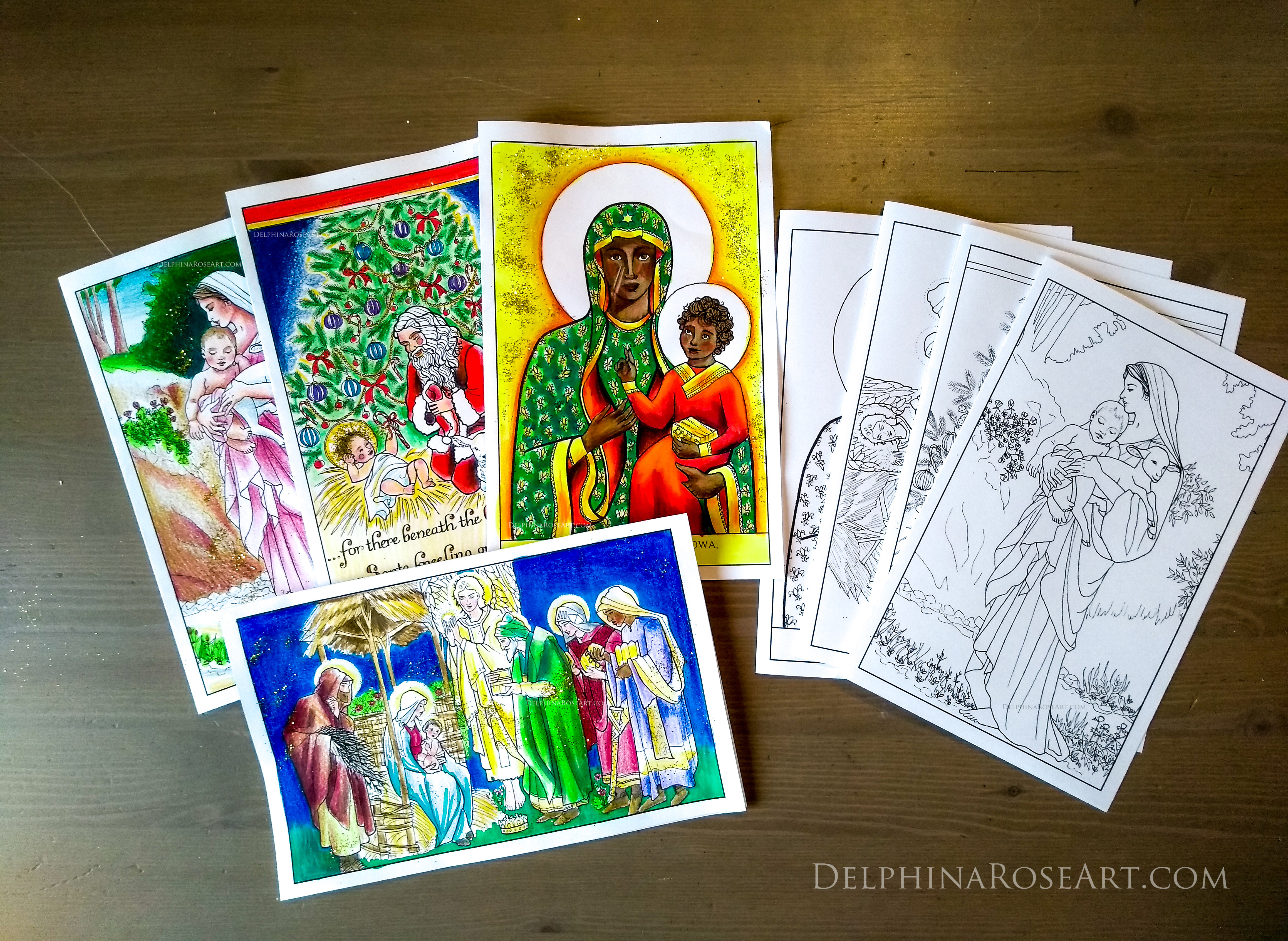 Printable PDF Christmas coloring cards - Christian religious designs