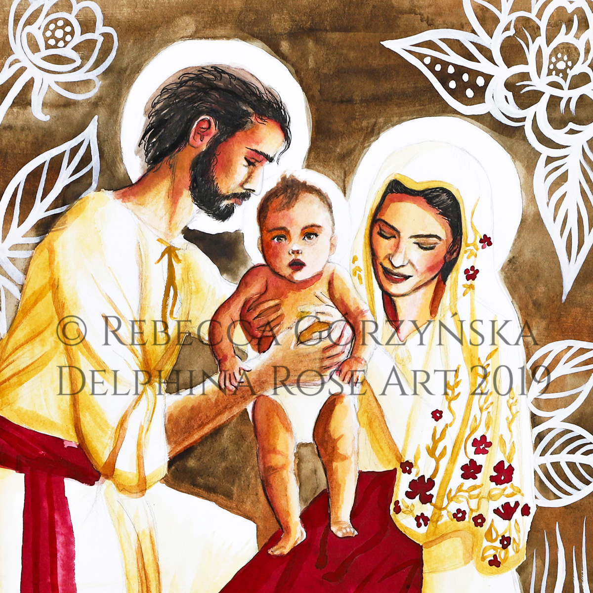 watercolor painting of the Holy Family - Mary and Joseph and baby Jesus