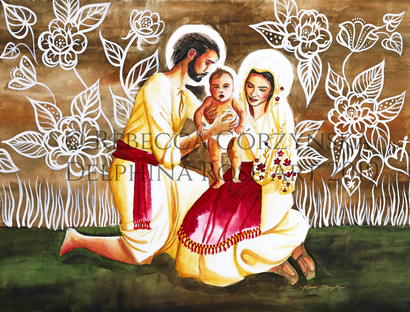 watercolor painting of the Holy Family - Mary and Joseph and baby Jesus