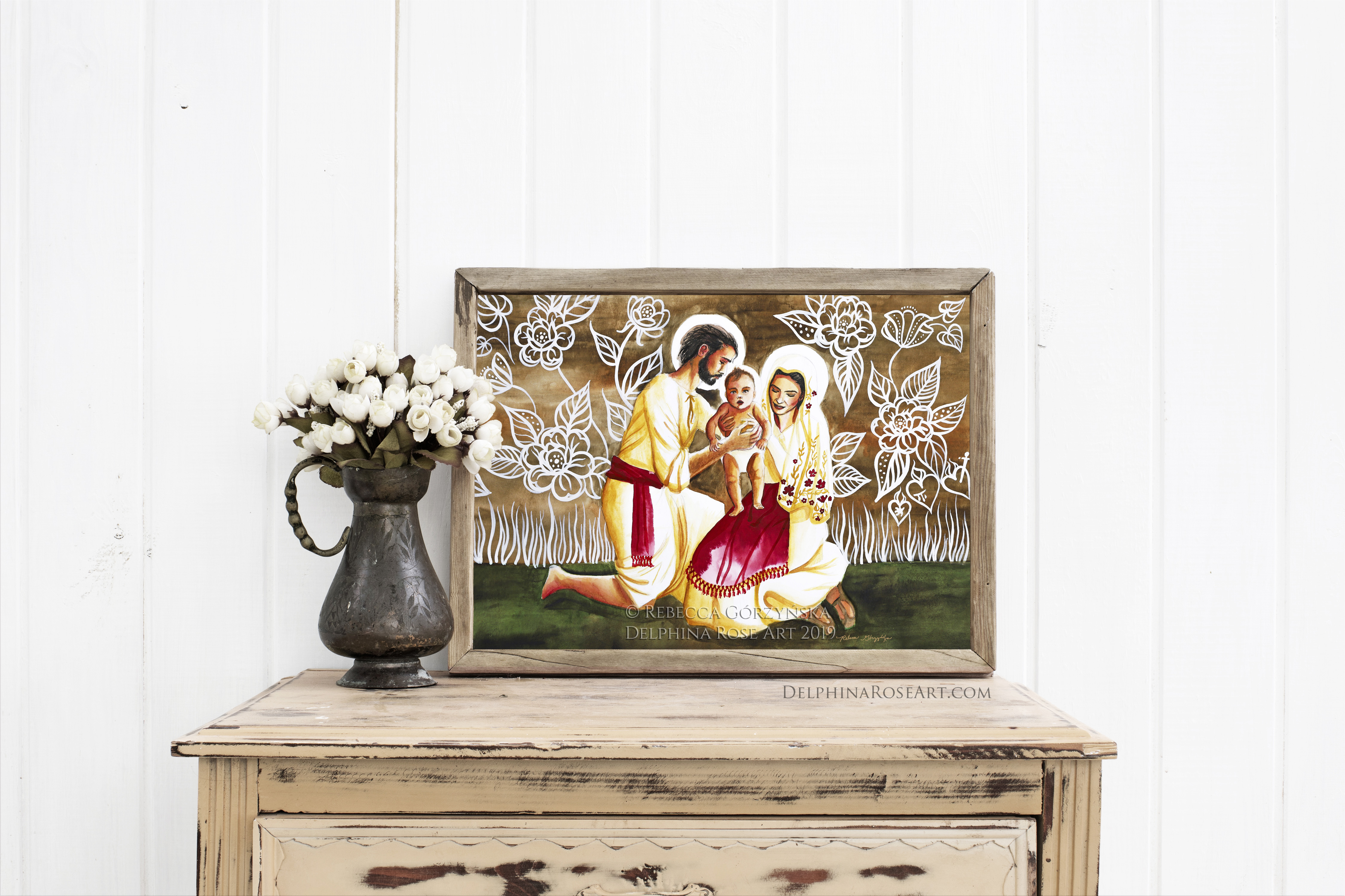 watercolor painting of the Holy Family - Mary and Joseph and baby Jesus