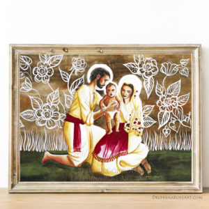 watercolor painting of the Holy Family - Mary and Joseph and baby Jesus