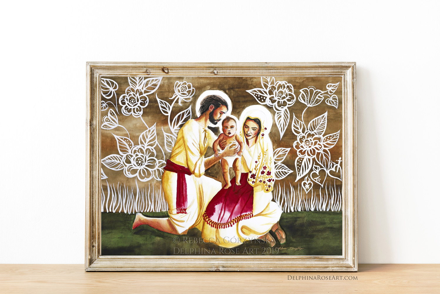 watercolor painting of the Holy Family - Mary and Joseph and baby Jesus