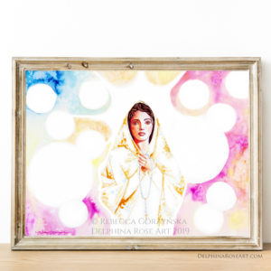 Our Lady of Fatima holding rosary in front of 13 suns and rainbow watercolor sky