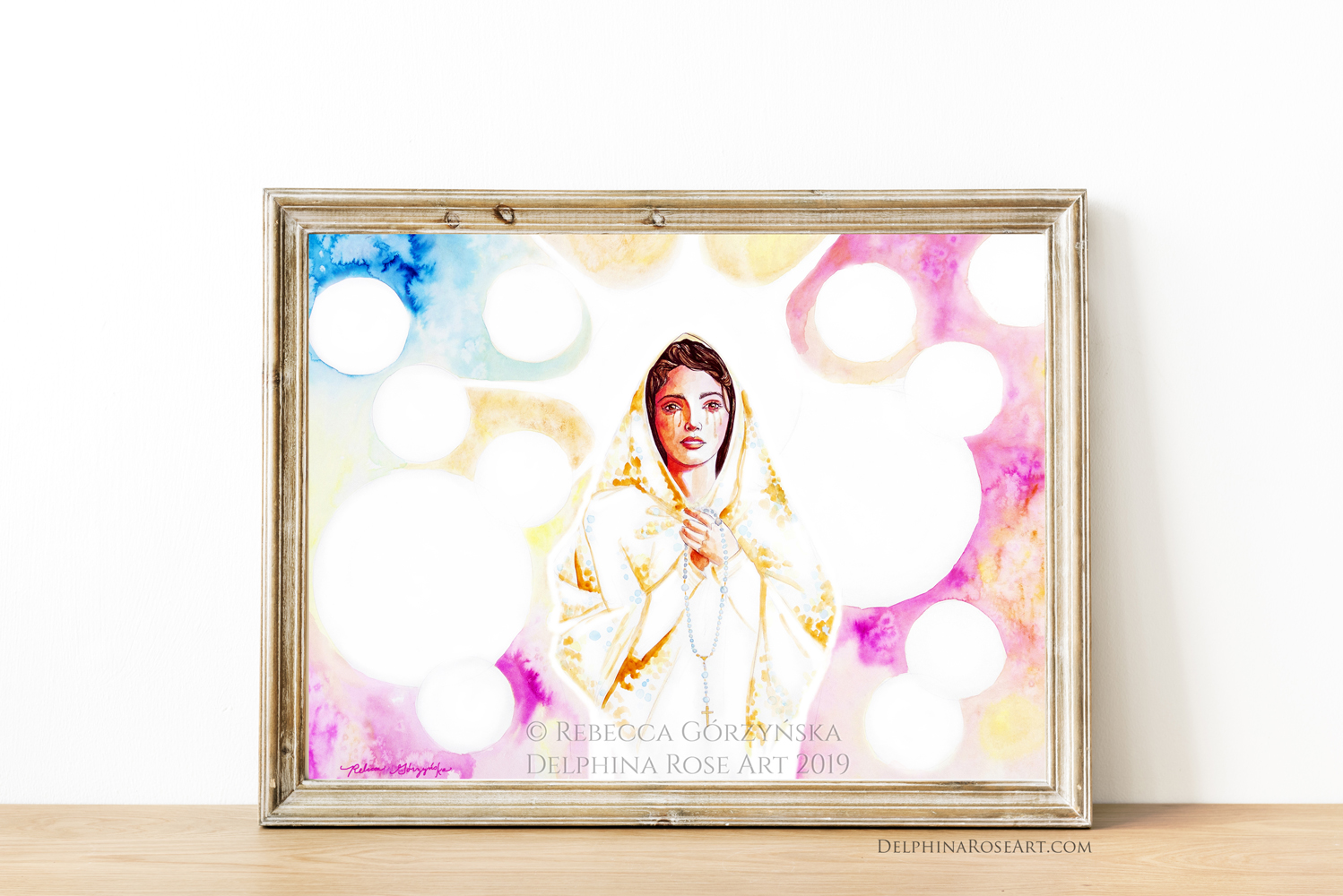 Our Lady of Fatima holding rosary in front of 13 suns and rainbow watercolor sky