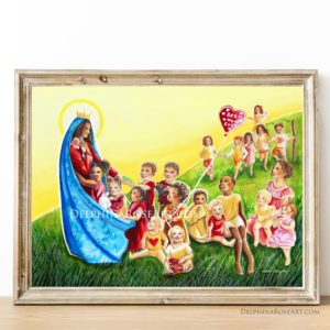 Mother of All Children illustration by Rebecca Gorzynska - Mary in blue cloak with many children and red heart balloon