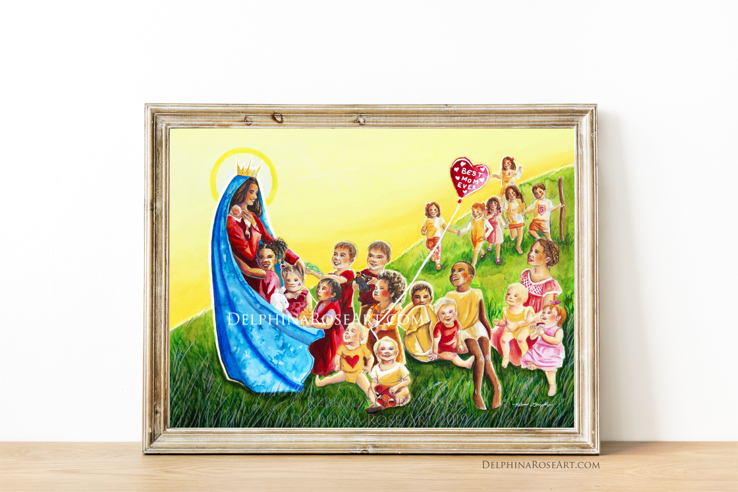 Mother of All Children illustration by Rebecca Gorzynska - Mary in blue cloak with many children and red heart balloon