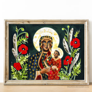 our lady of czestochowa painting by rebecca gorzynska - with red poppies and feather border