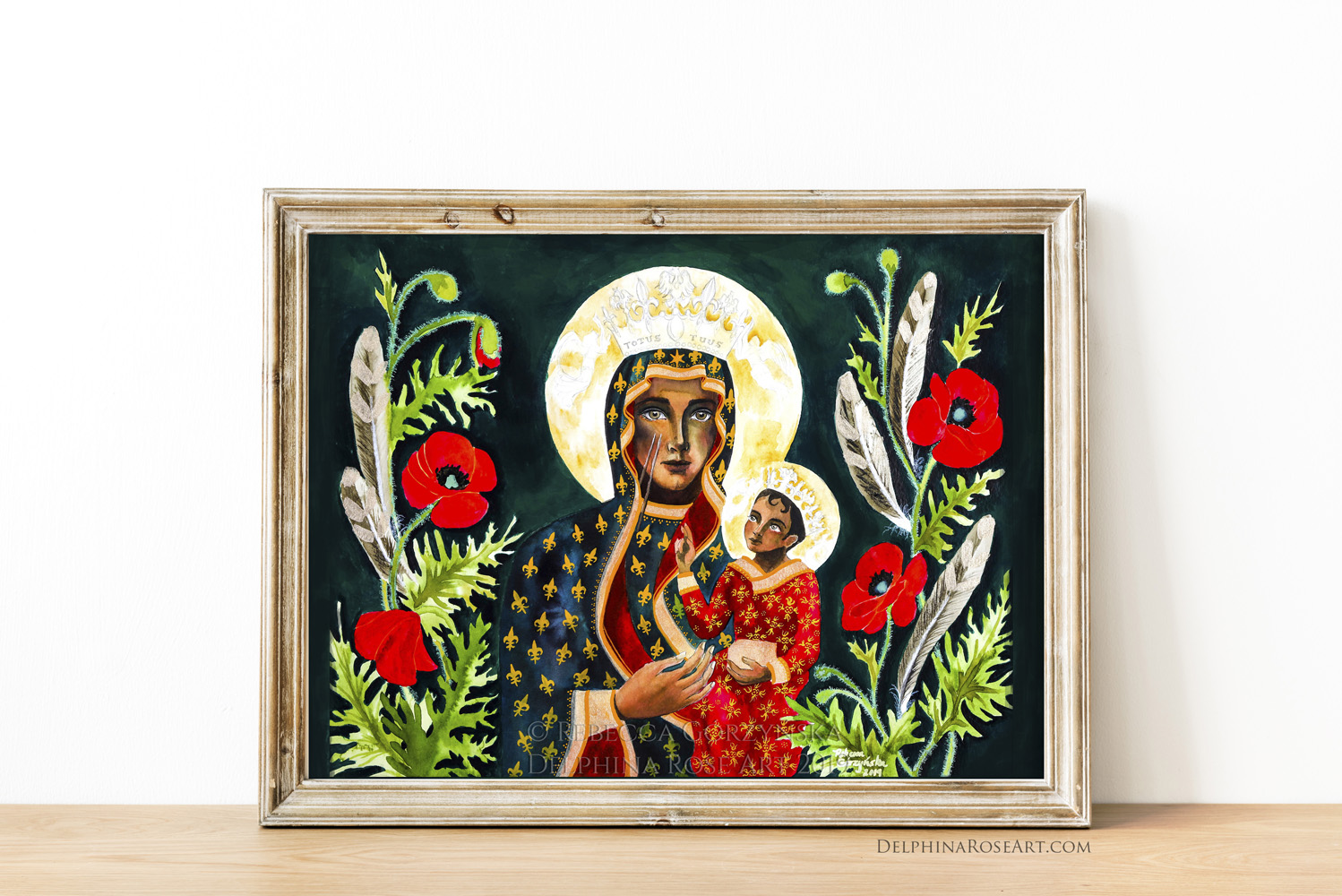 our lady of czestochowa painting by rebecca gorzynska - with red poppies and feather border