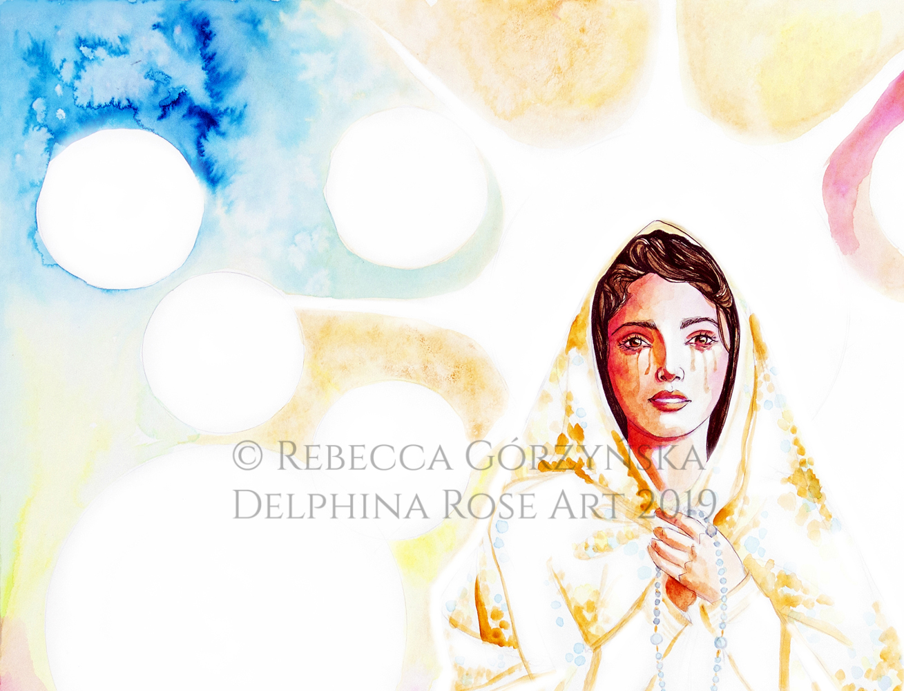 Our Lady of Fatima holding rosary in front of 13 suns and rainbow watercolor sky