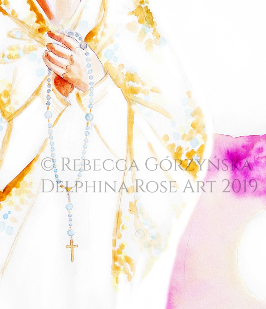 Our Lady of Fatima holding rosary in front of 13 suns and rainbow watercolor sky