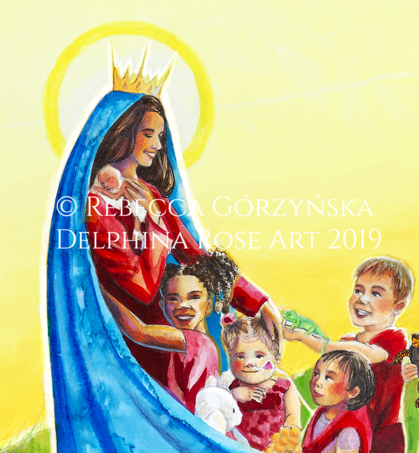 Mother of All Children illustration by Rebecca Gorzynska - Mary in blue cloak with many children and red heart balloon