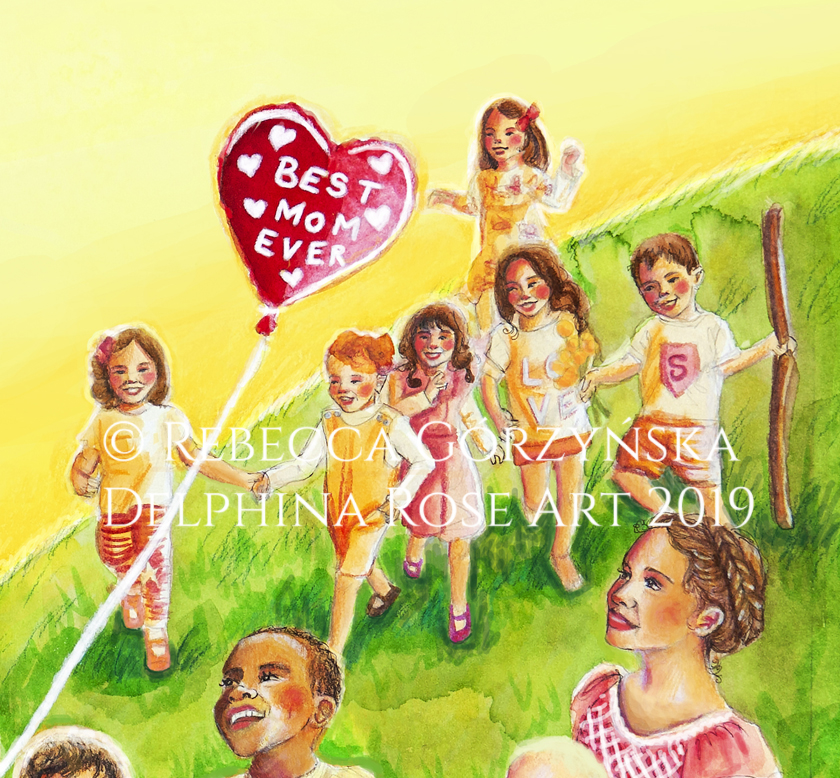 Mother of All Children illustration by Rebecca Gorzynska - Mary in blue cloak with many children and red heart balloon