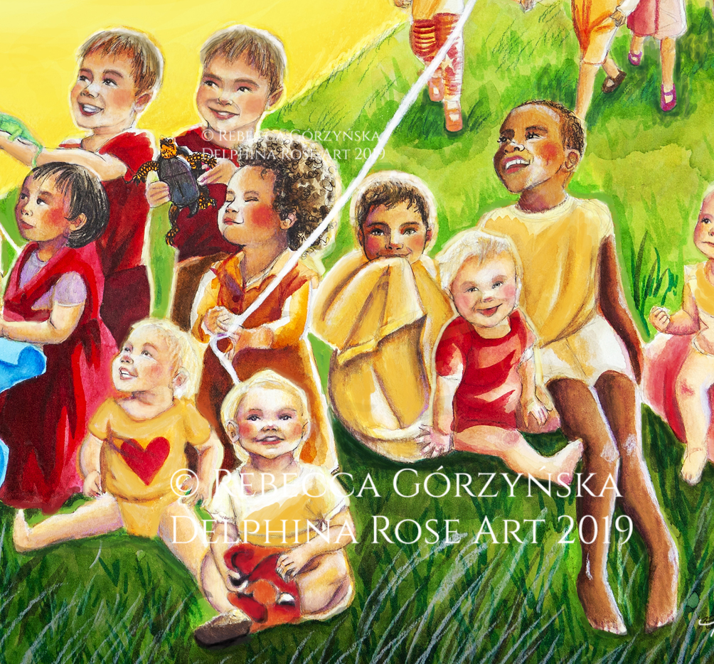 Mother of All Children illustration by Rebecca Gorzynska - Mary in blue cloak with many children and red heart balloon