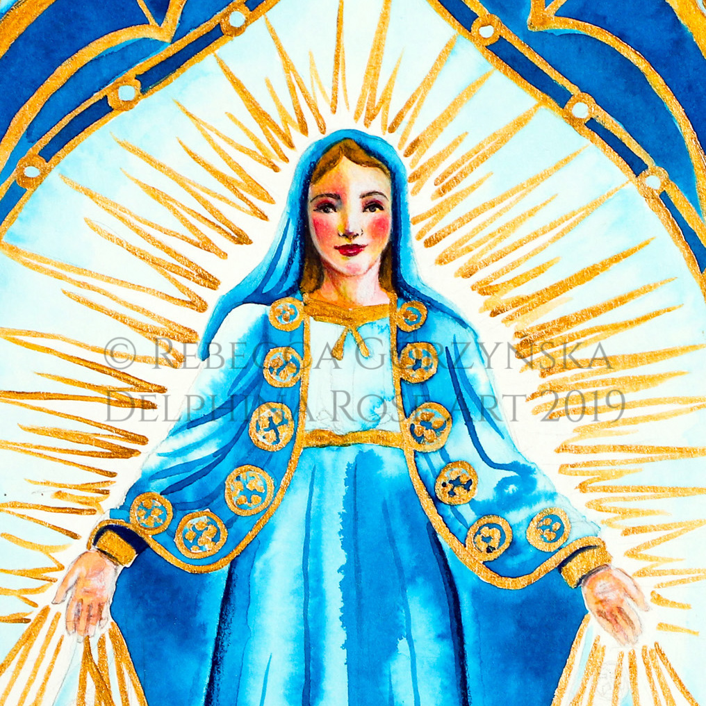 blue Our Lady of Grace with gold decorative border