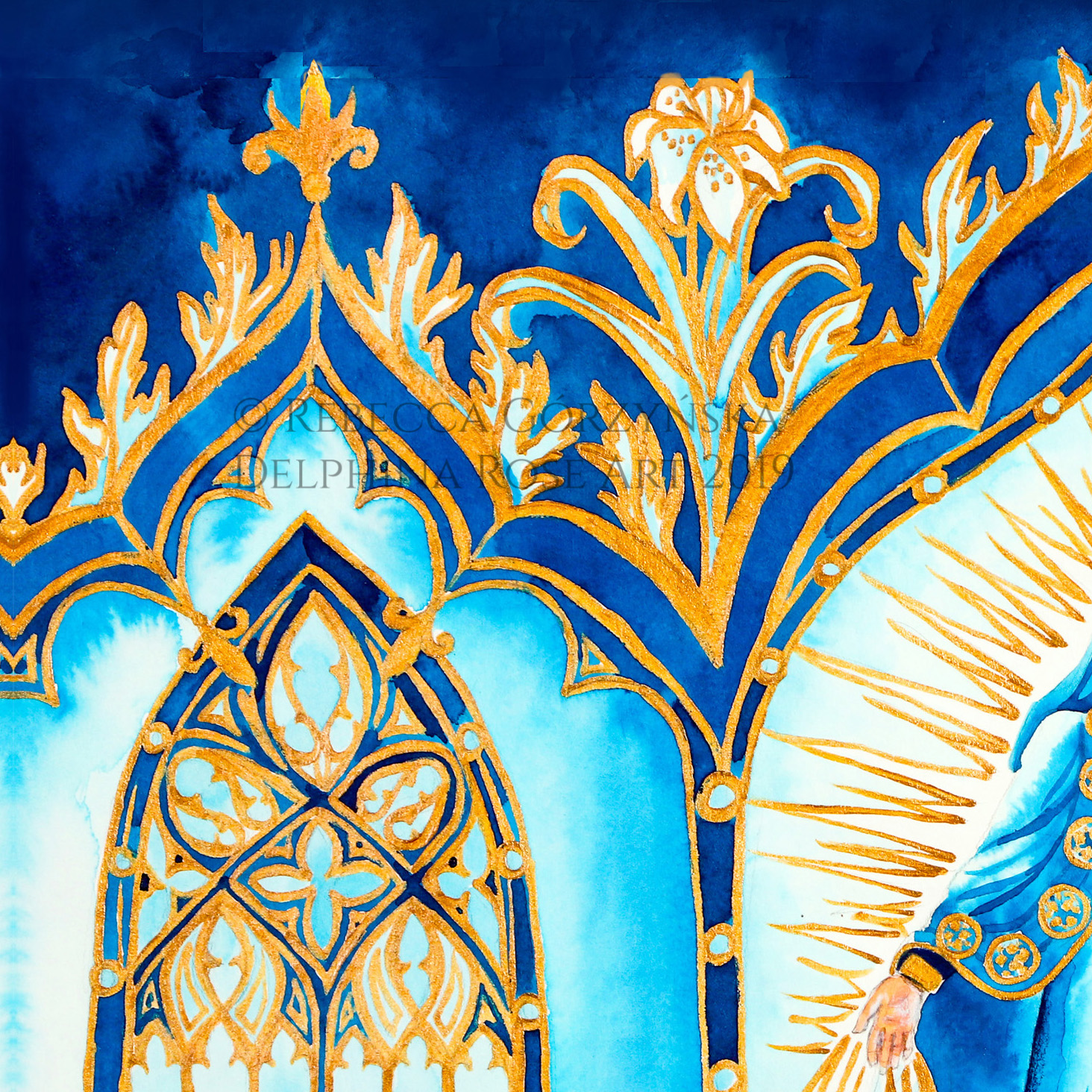 blue and gold decorative window watercolor painting
