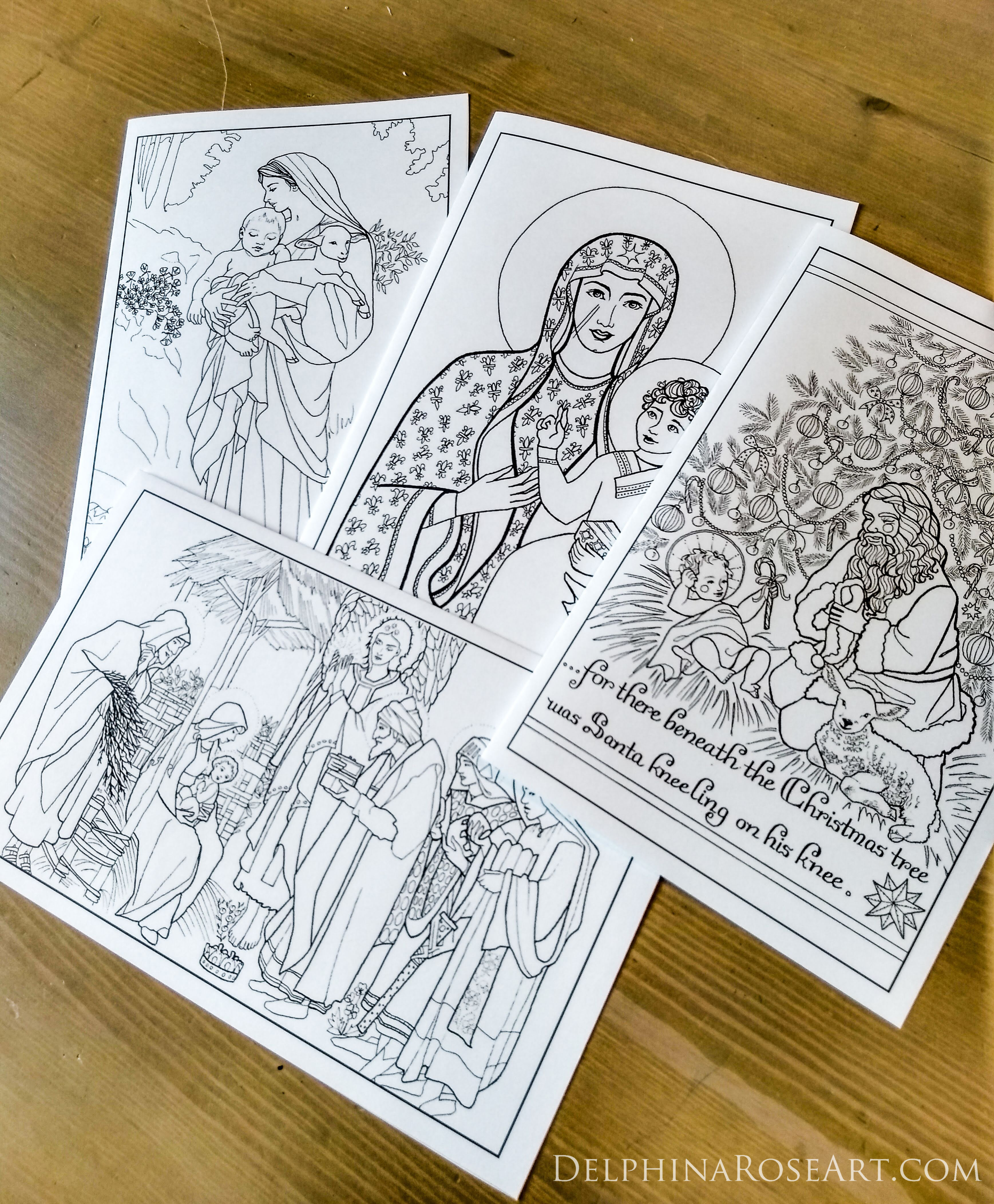 four uncolored Christmas coloring cards