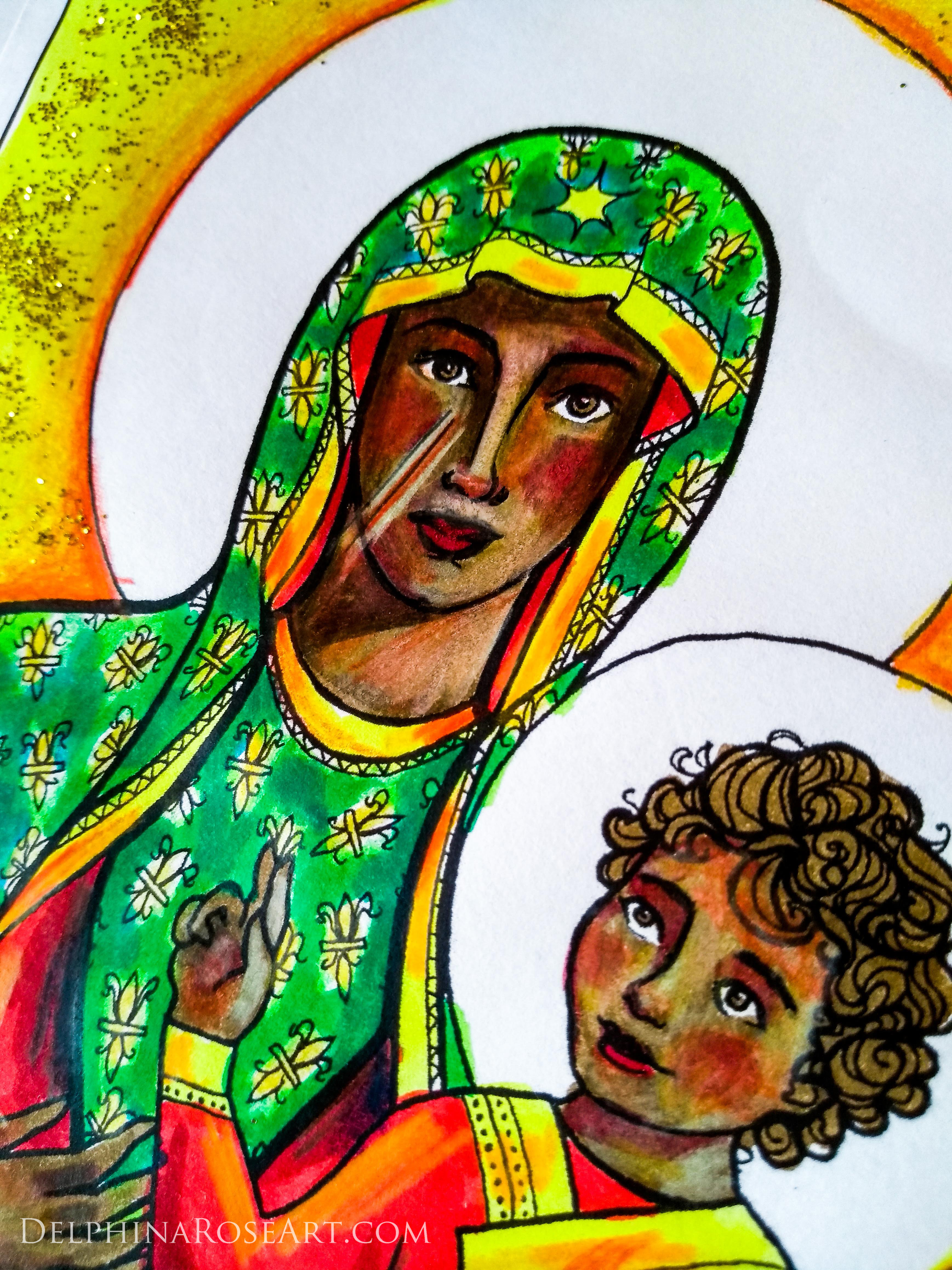 christmas coloring card - our lady of czestochowa detail