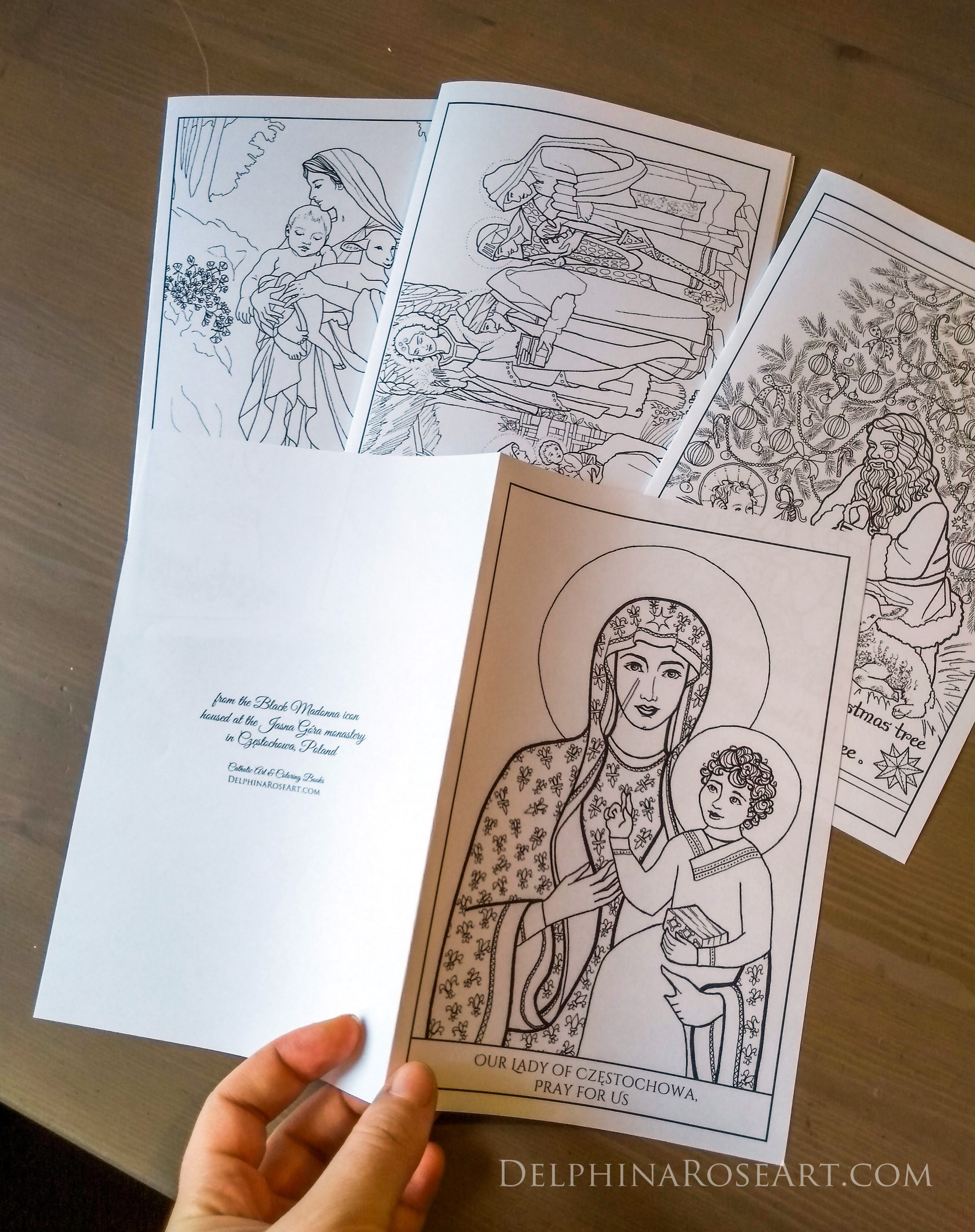 four uncolored Christmas coloring cards