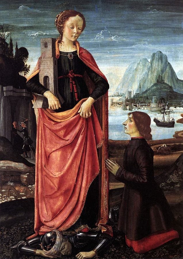 "St. Barbara Crushing her Infidel Father, with a Kneeling Donor" by Domenico Ghirlandaio, circa 1473.