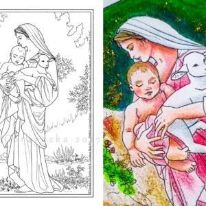 coloring page line art of Bouguereau L'innocence - Madonna and Child holding lamb