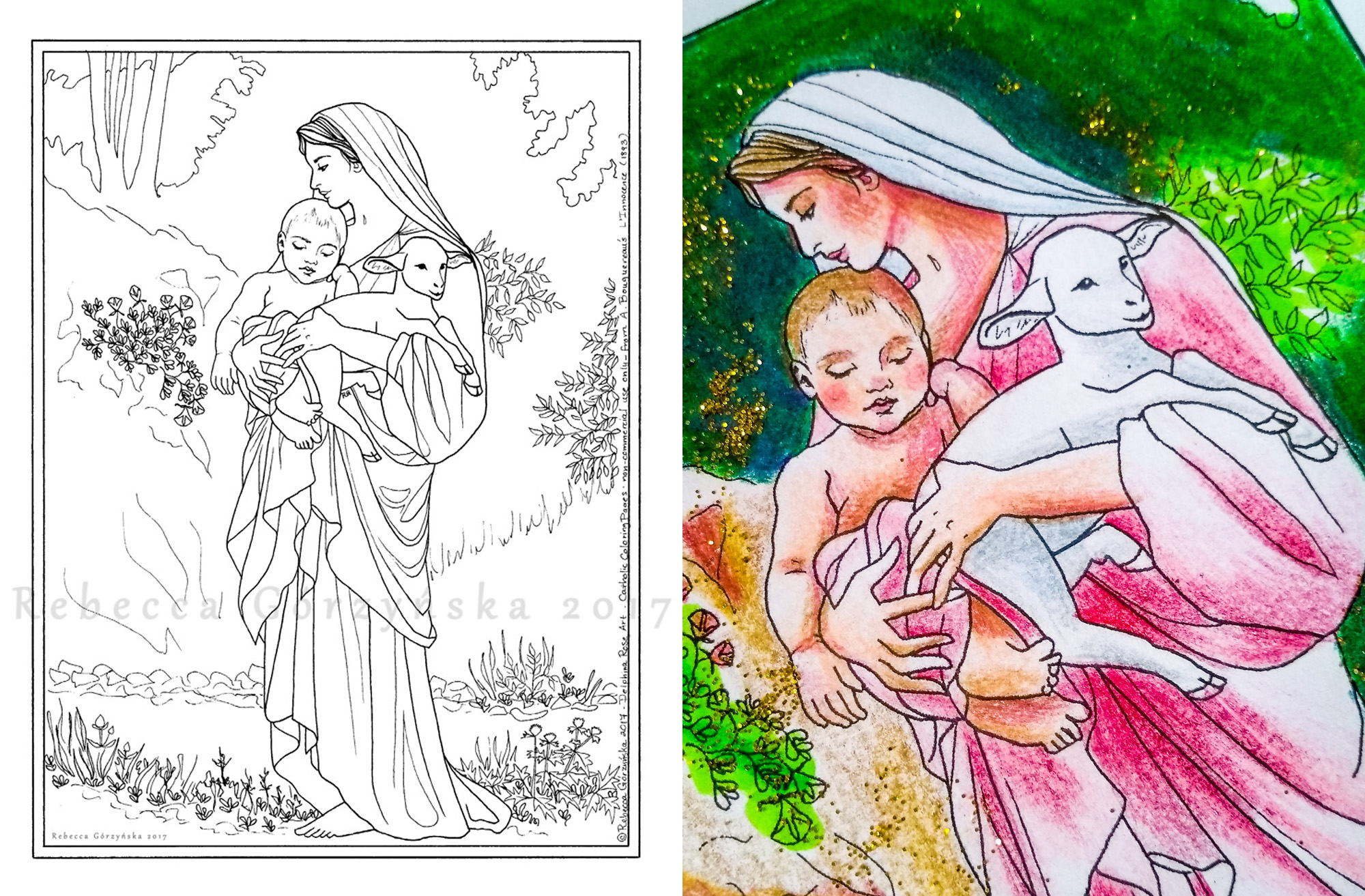 coloring page line art of Bouguereau L'innocence - Madonna and Child holding lamb
