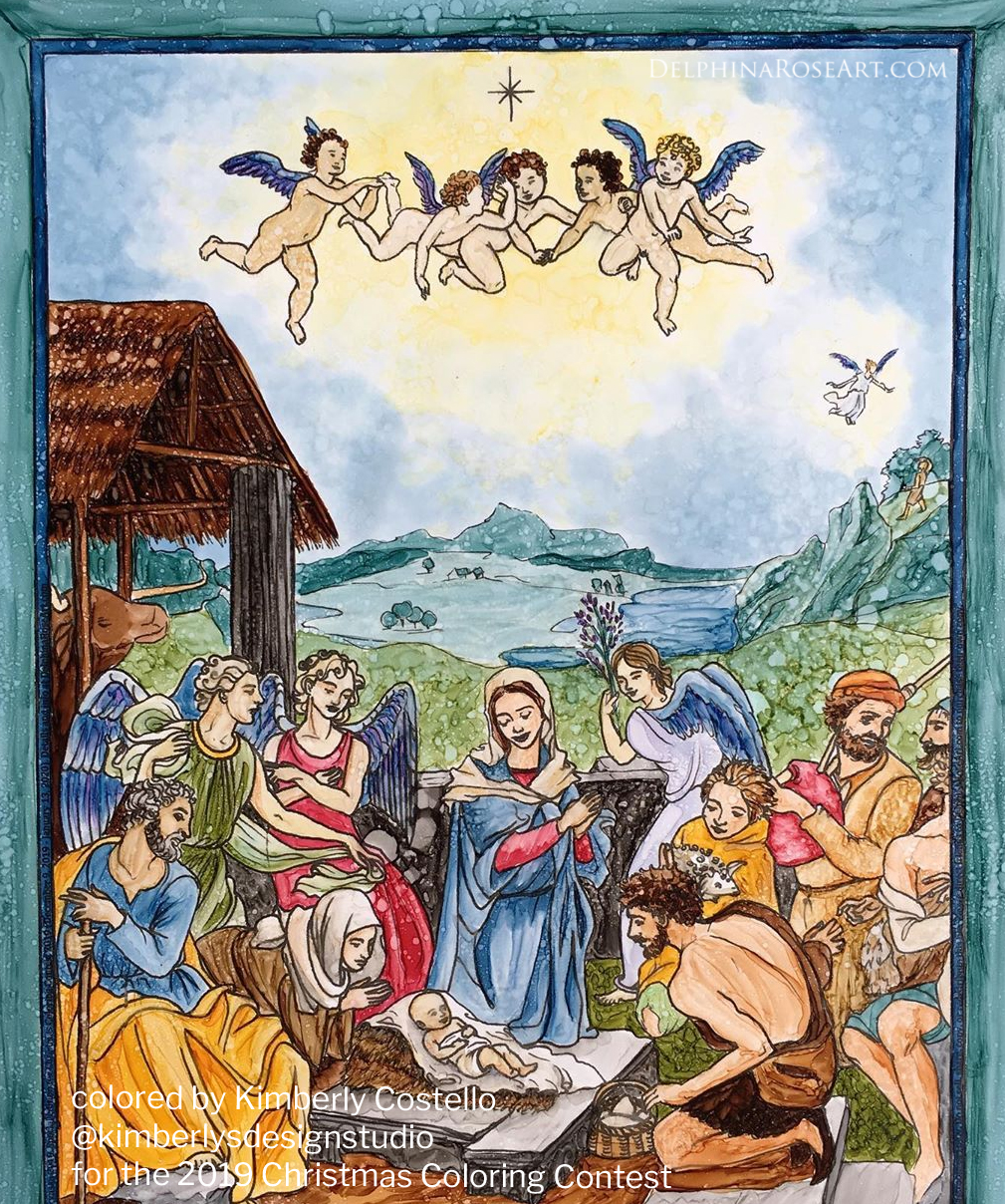 adoration of the shepherds Bronzino coloring page, version colored by Kimberly Costello