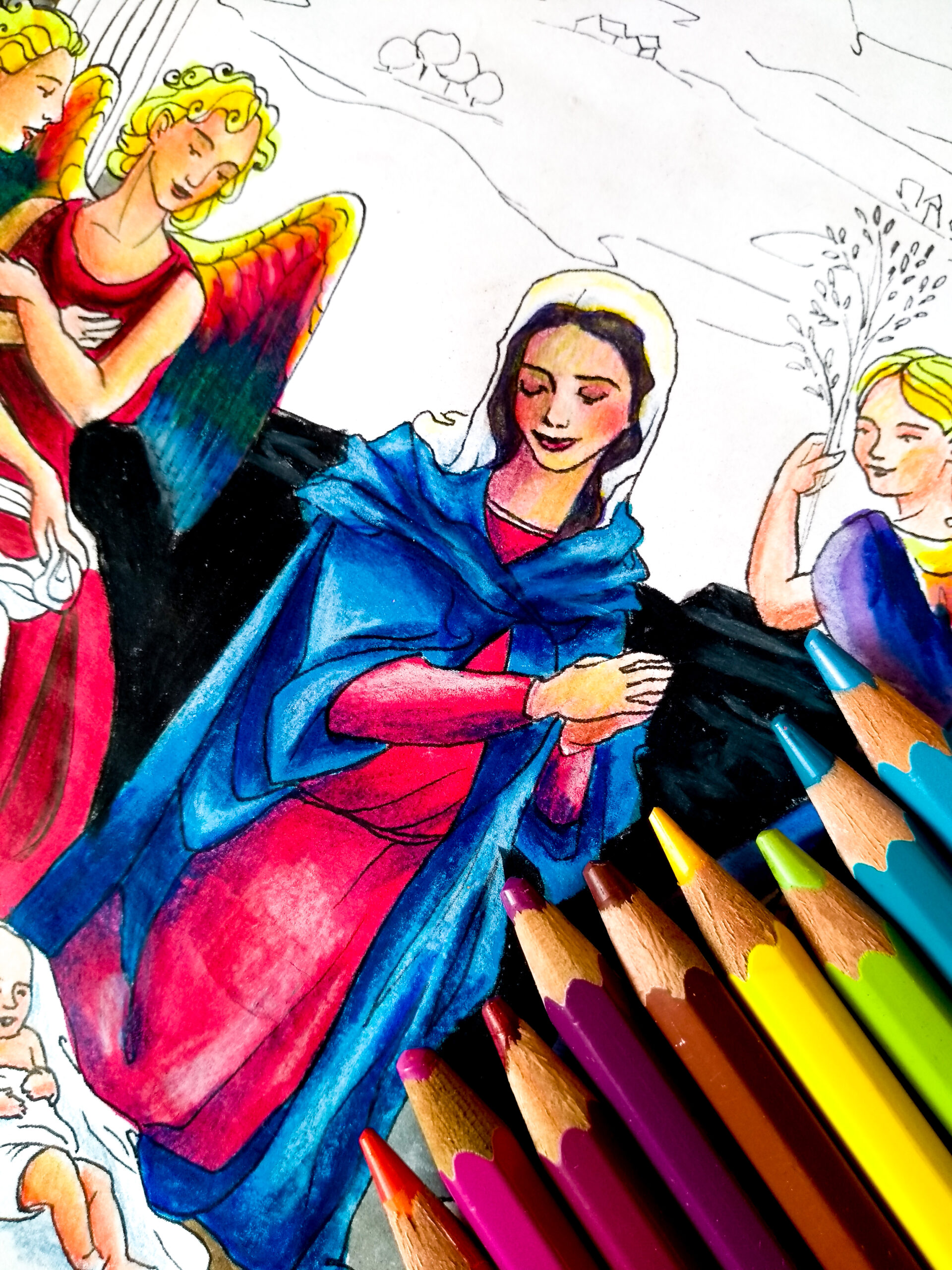 adoration of the shepherds Bronzino coloring page, DETAIL of the Madonna colored