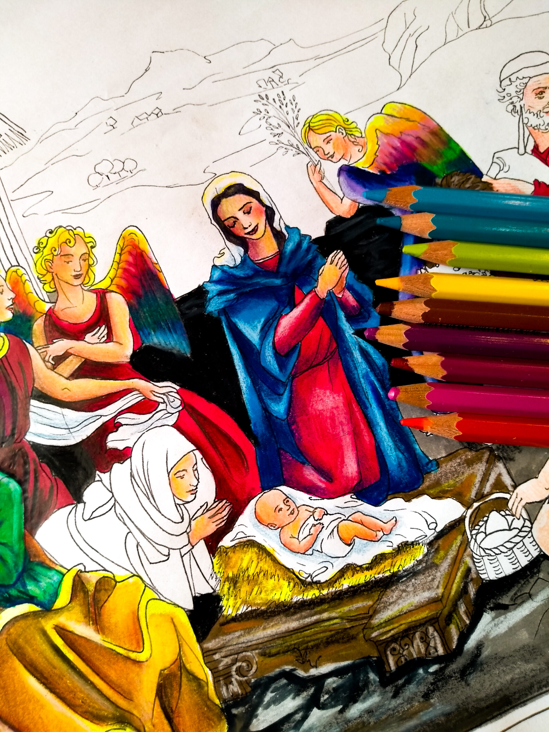 adoration of the shepherds Bronzino coloring page, DETAIL colored