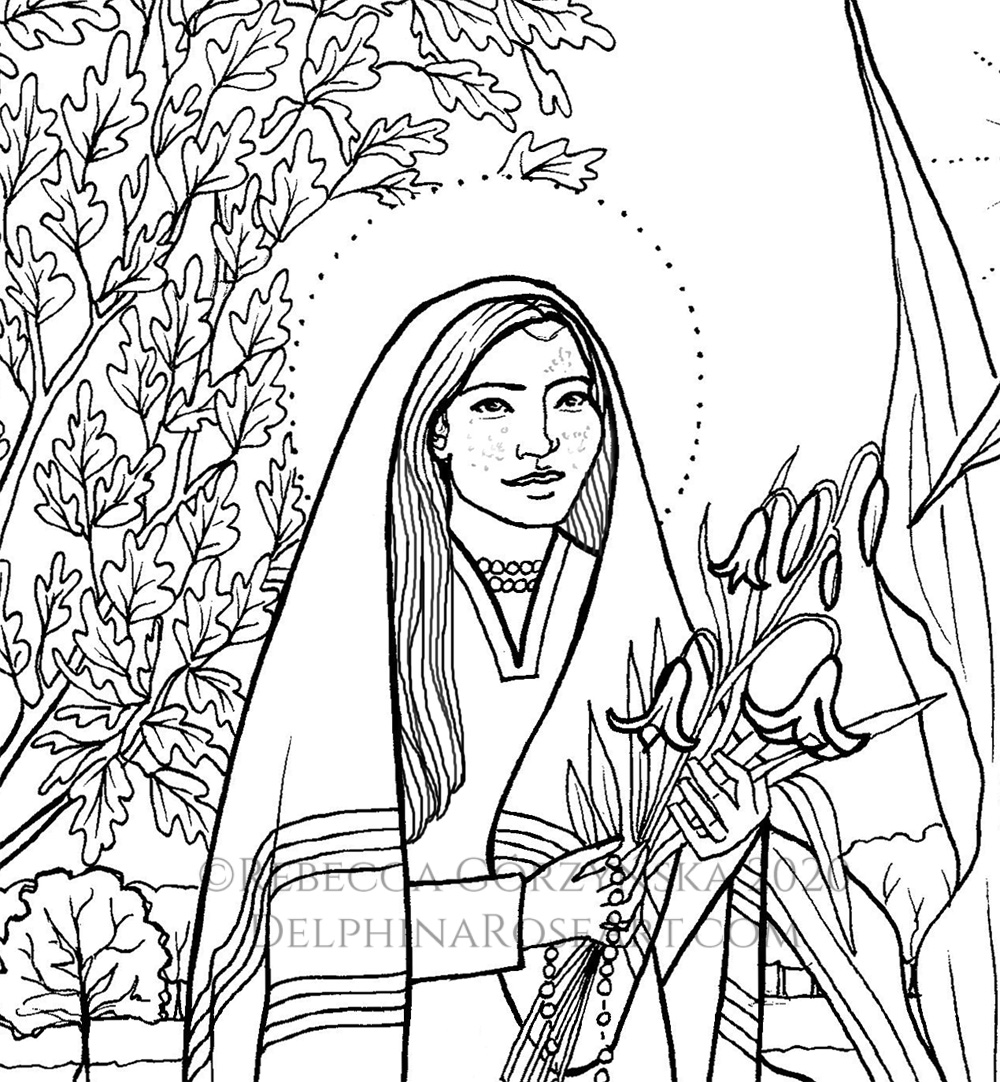 black and white line art coloring page of Saint Kateri Tekakwitha, detail 1