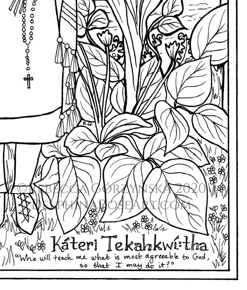 black and white line art coloring page of Saint Kateri Tekakwitha, detail 2