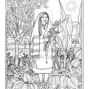 black and white line art coloring page of Saint Kateri Tekakwitha