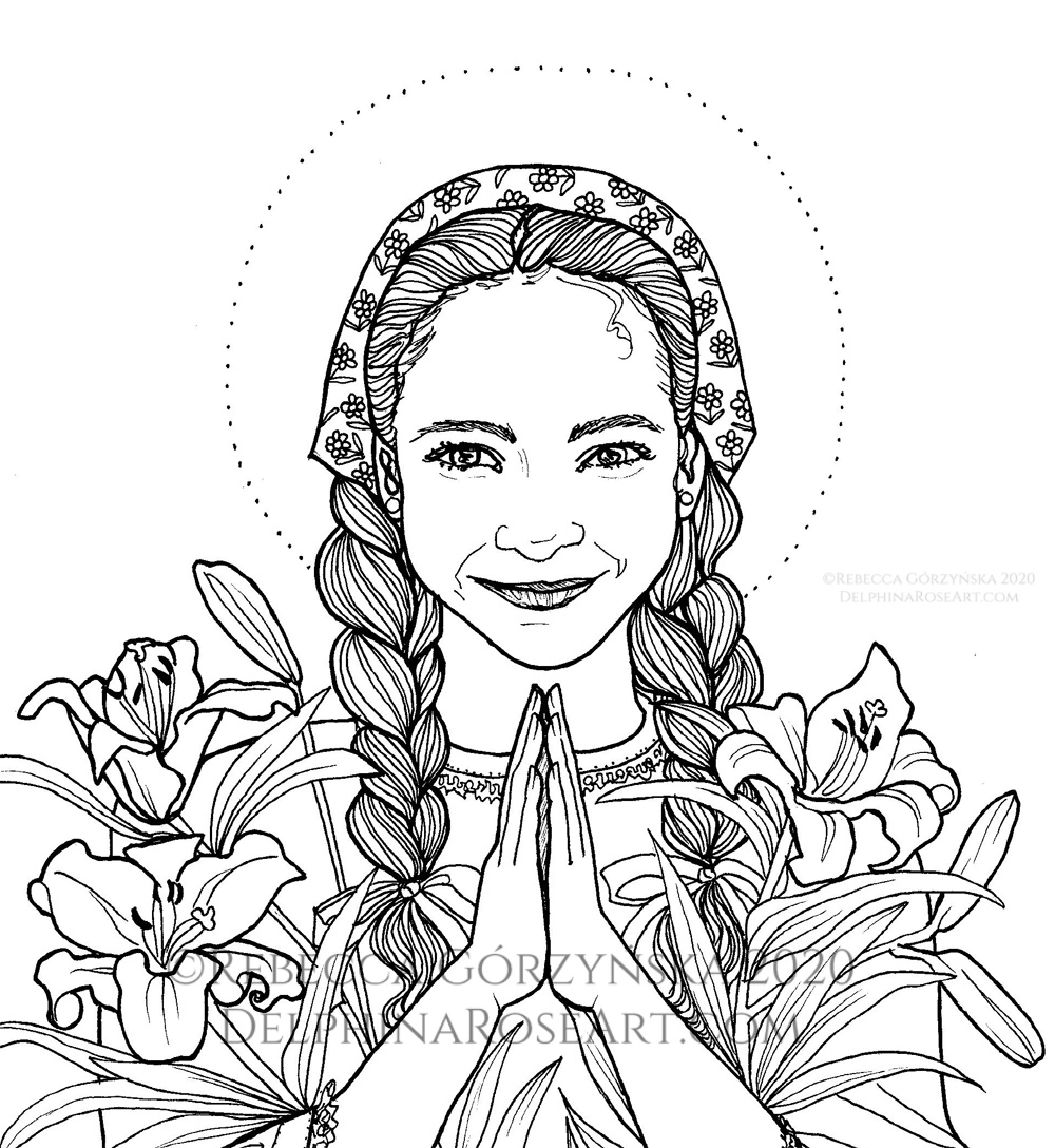 black and white line art coloring page of St. Maria Goretti detail