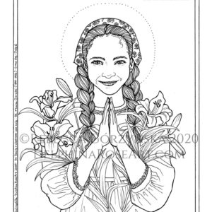 black and white line art coloring page of St. Maria Goretti