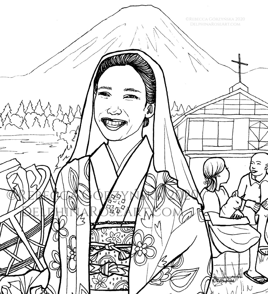 black and white line art coloring page of Venerable Satoko Kitahara, detail