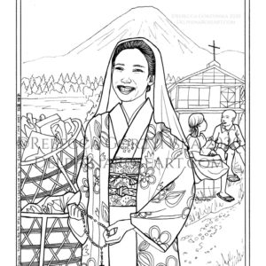 black and white line art coloring page of Venerable Satoko Kitahara