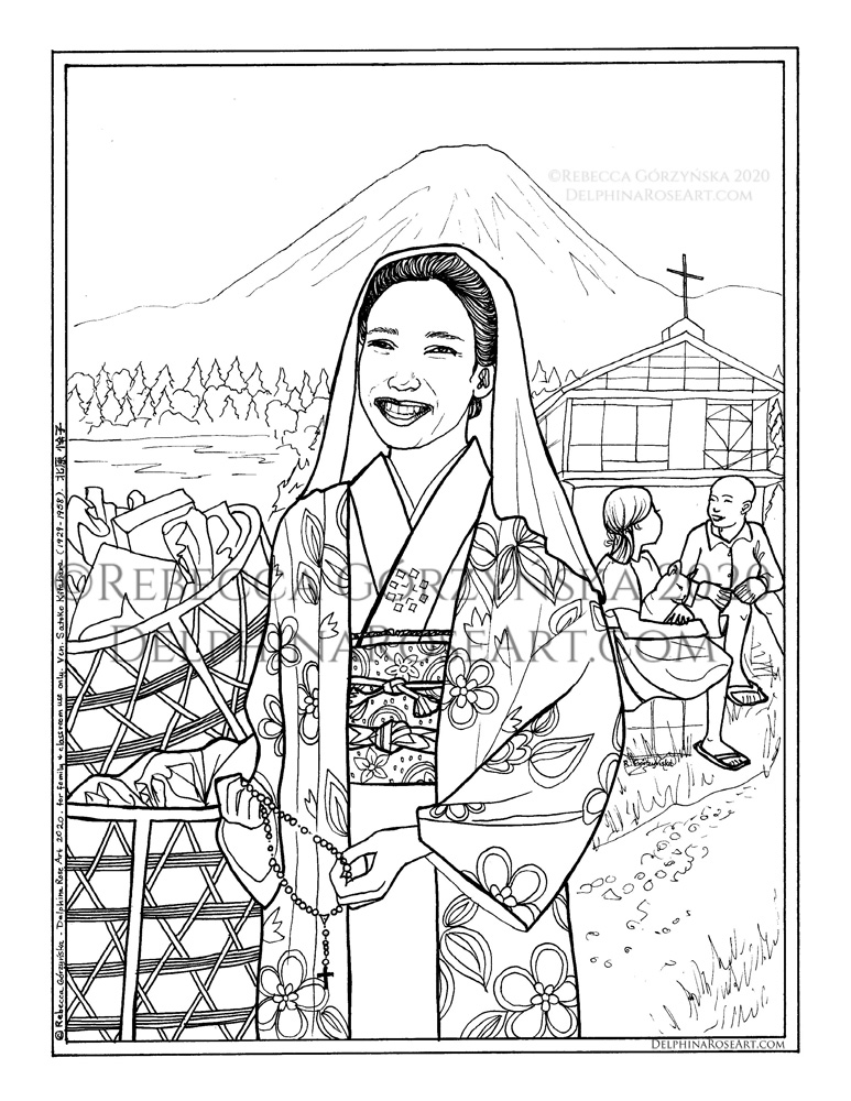 black and white line art coloring page of Venerable Satoko Kitahara